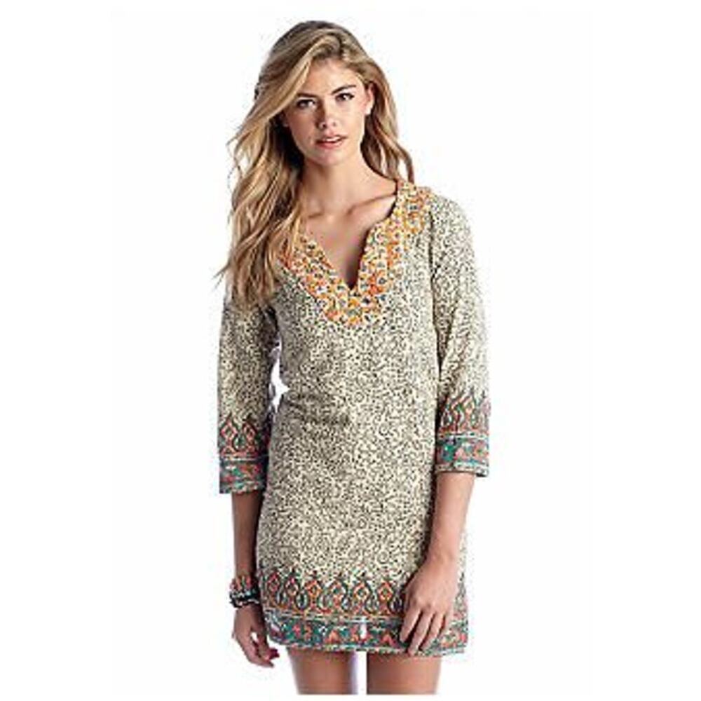 Lucky brand dahiki shift sequin collar tribal tunic dress lined 3/4 sleeve S EUC